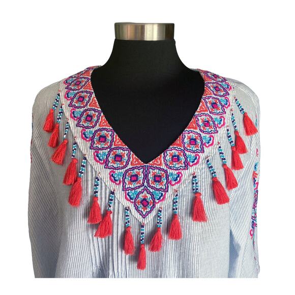 Chico's Blue White Stripe Popover Top Embroidered Beaded Tassels Size XL/16 Boho - Picture 4 of 13